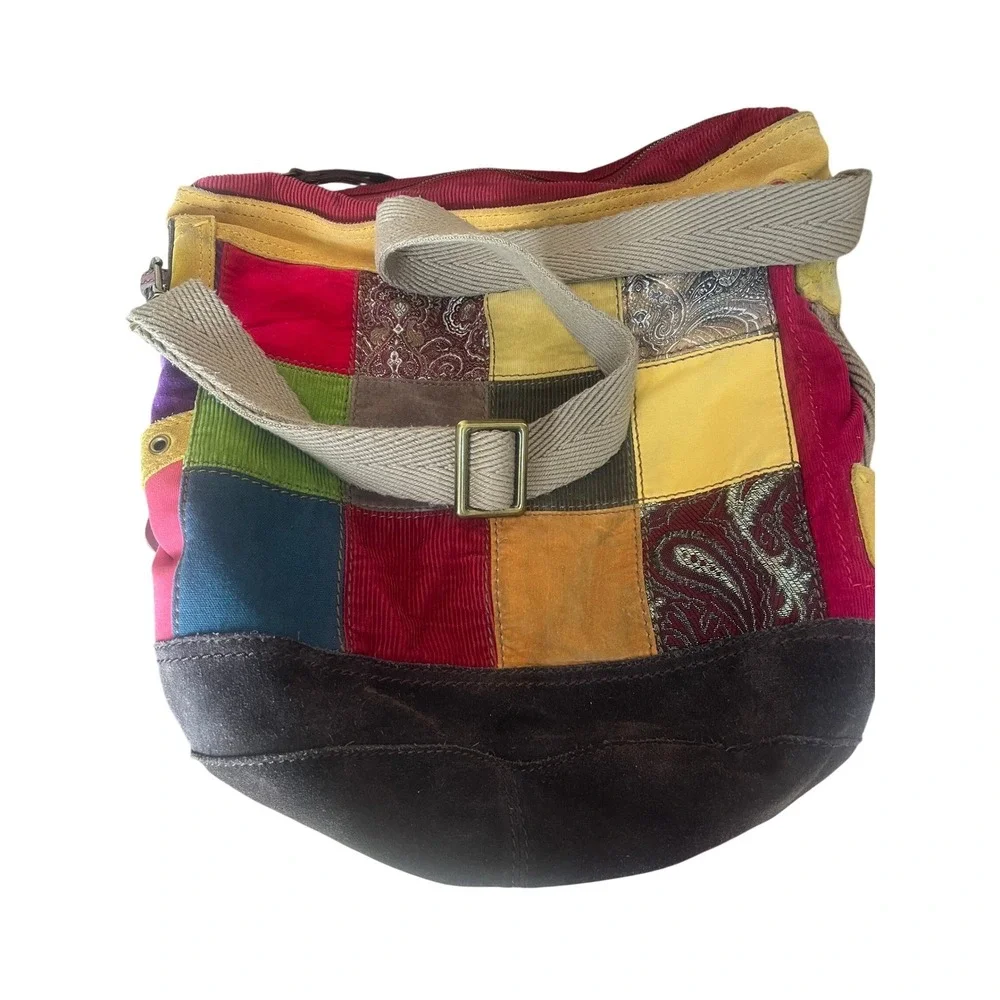 Lucky Brand Patchwork Boho Hobo Bag Corduroy Suede Multi-Color Crossbody Vintage